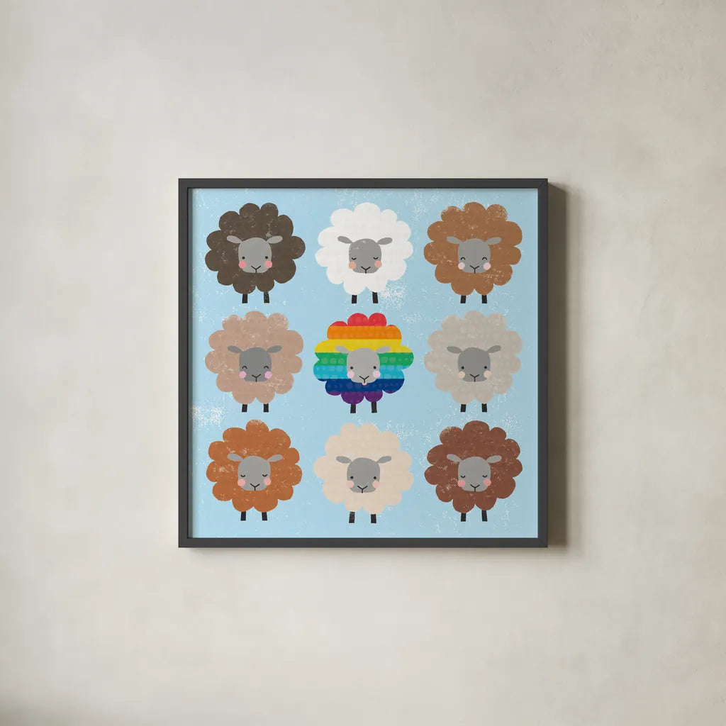 Be Ewe Brown and Rainbow Sheep Sq by Moira Hershey. Shown in a sleek black glass frame for a contemporary gallery look. Available as an archival giclee rolled canvas, fine art paper, or poster print. SKU 66184a.