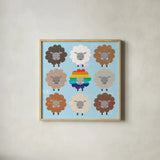 Be Ewe Brown and Rainbow Sheep Sq by Moira Hershey. Shown in a natural wood glass frame for a timeless modern aesthetic. Available as an archival giclee rolled canvas, fine art paper, or poster print. SKU 66184a.