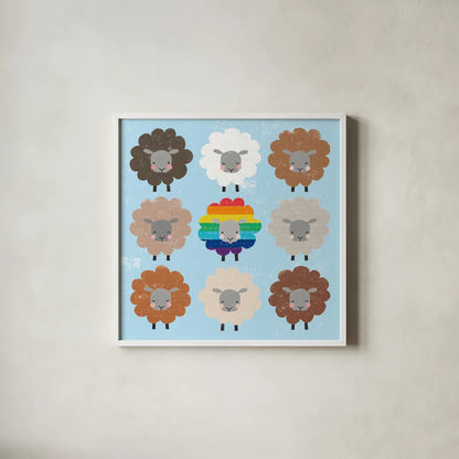 Be Ewe Brown and Rainbow Sheep Sq by Moira Hershey. Shown in a crisp white glass frame for a clean and minimalist style. Available as an archival giclee rolled canvas, fine art paper, or poster print. SKU 66184a.
