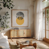 Blossoms I by Moira Hershey. Shown in a natural wood frame in a cozy modern living room. Available as an archival giclee rolled canvas, fine art paper, or poster print. SKU 53977a.
