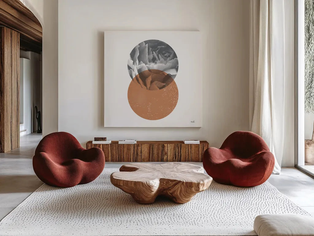 Blossoms I by Moira Hershey. Shown as extra-large giant wall art in a modern living room. Available as an archival giclee rolled canvas, fine art paper, or poster print. SKU 58794a.