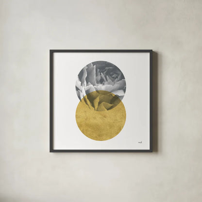 Blossoms I Gold by Moira Hershey. Shown in a sleek black glass frame for a contemporary gallery look. Available as an archival giclee rolled canvas, fine art paper, or poster print. SKU 68997a.