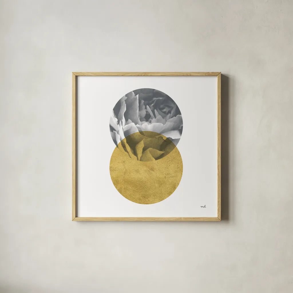 Blossoms I Gold by Moira Hershey. Shown in a natural wood glass frame for a timeless modern aesthetic. Available as an archival giclee rolled canvas, fine art paper, or poster print. SKU 68997a.