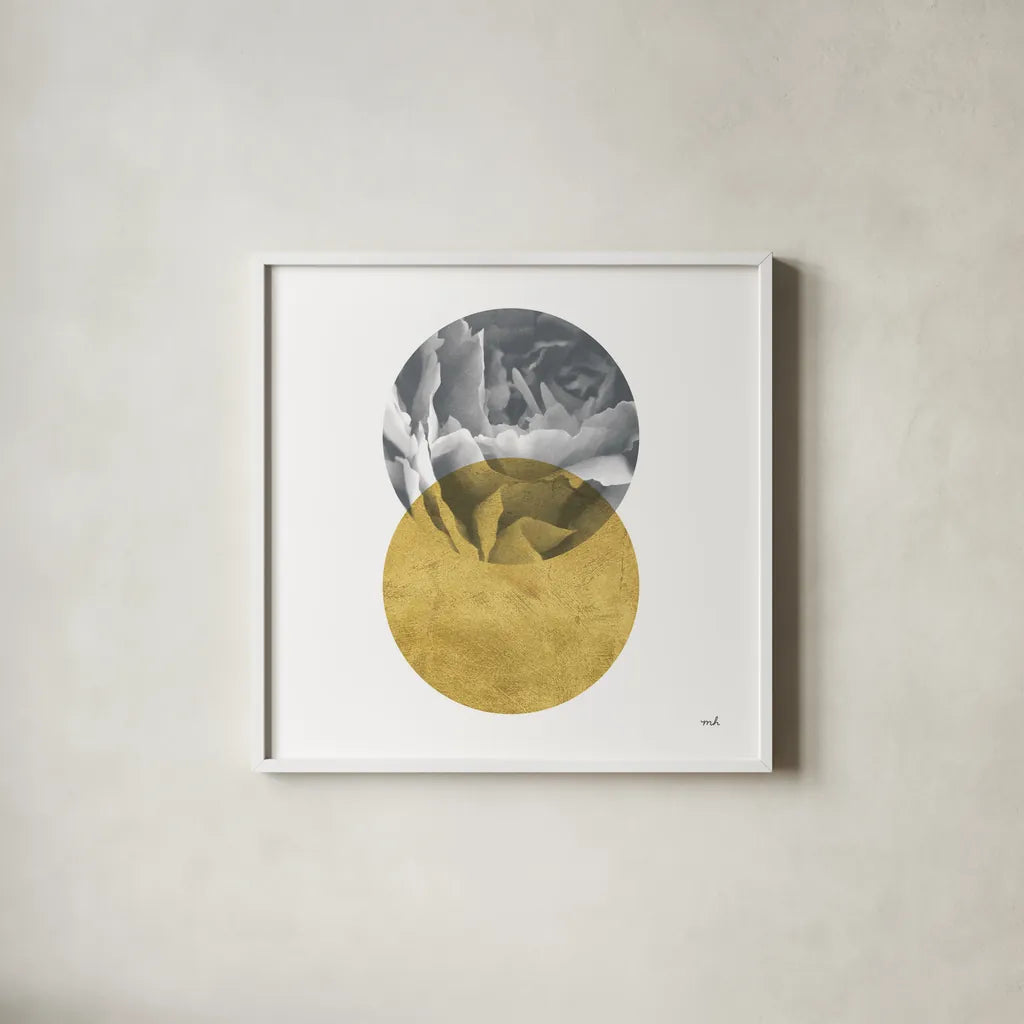 Blossoms I Gold by Moira Hershey. Shown in a crisp white glass frame for a clean and minimalist style. Available as an archival giclee rolled canvas, fine art paper, or poster print. SKU 68997a.