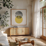 Blossoms I Warm by Moira Hershey. Shown in a natural wood frame in a cozy modern living room. Available as an archival giclee rolled canvas, fine art paper, or poster print. SKU 58712a.