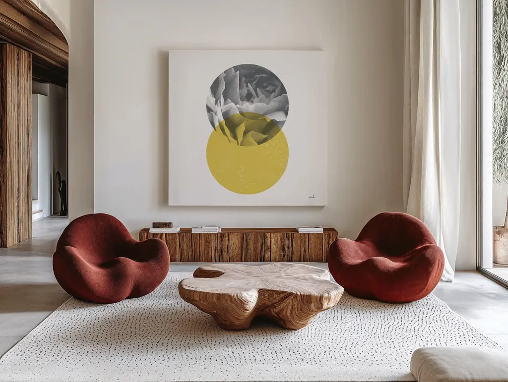Blossoms I Warm by Moira Hershey. Shown as extra-large giant wall art in a modern living room. Available as an archival giclee rolled canvas, fine art paper, or poster print. SKU 58712a.