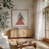 Blossoms II  Warm v2 by Moira Hershey. Shown in a natural wood frame in a cozy modern living room. Available as an archival giclee rolled canvas, fine art paper, or poster print. SKU 58795a.