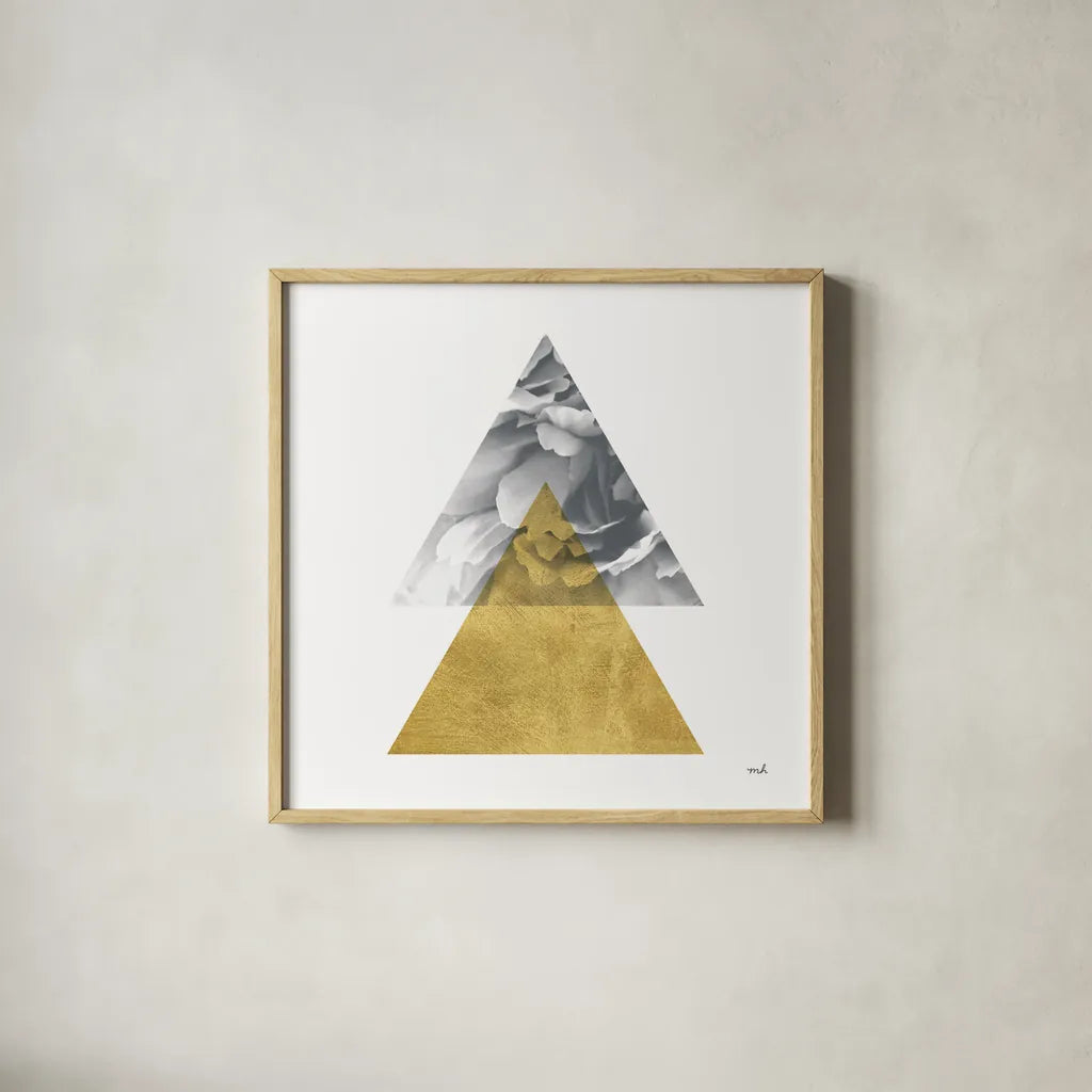 Blossoms II Gold by Moira Hershey. Shown in a natural wood glass frame for a timeless modern aesthetic. Available as an archival giclee rolled canvas, fine art paper, or poster print. SKU 68998a.