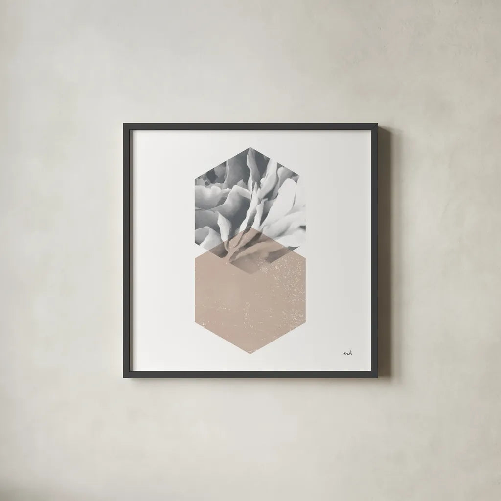 Blossoms IV  Warm v2 by Moira Hershey. Shown in a sleek black glass frame for a contemporary gallery look. Available as an archival giclee rolled canvas, fine art paper, or poster print. SKU 58797a.