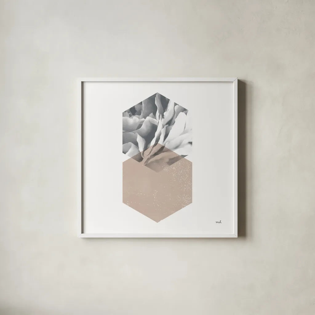 Blossoms IV  Warm v2 by Moira Hershey. Shown in a crisp white glass frame for a clean and minimalist style. Available as an archival giclee rolled canvas, fine art paper, or poster print. SKU 58797a.