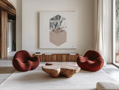 Blossoms IV  Warm v2 by Moira Hershey. Shown as extra-large giant wall art in a modern living room. Available as an archival giclee rolled canvas, fine art paper, or poster print. SKU 58797a.