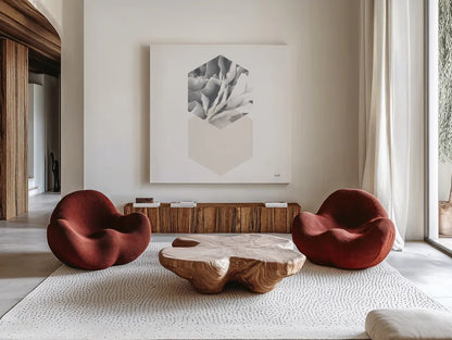 Blossoms IV by Moira Hershey. Shown as extra-large giant wall art in a modern living room. Available as an archival giclee rolled canvas, fine art paper, or poster print. SKU 53980a.