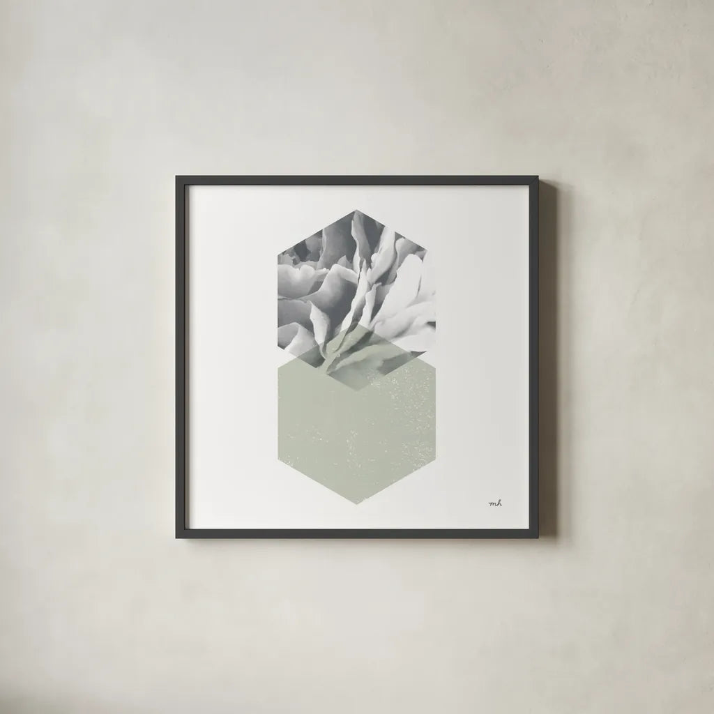 Blossoms IV Warm by Moira Hershey. Shown in a sleek black glass frame for a contemporary gallery look. Available as an archival giclee rolled canvas, fine art paper, or poster print. SKU 58715a.