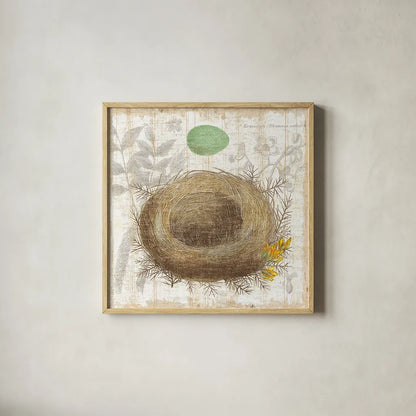 Botanical Nest II by Moira Hershey. Shown in a natural wood glass frame for a timeless modern aesthetic. Available as an archival giclee rolled canvas, fine art paper, or poster print. SKU 8384a.