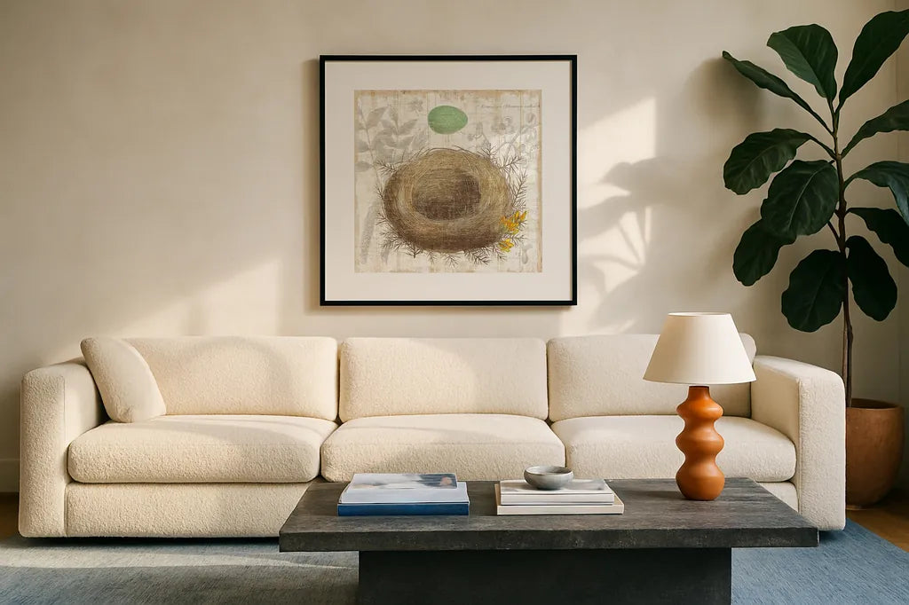 Botanical Nest II by Moira Hershey. Displayed in a glass frame with matte in a clean modern living room. Available as an archival giclee rolled canvas, fine art paper, or poster print. SKU 8384a.