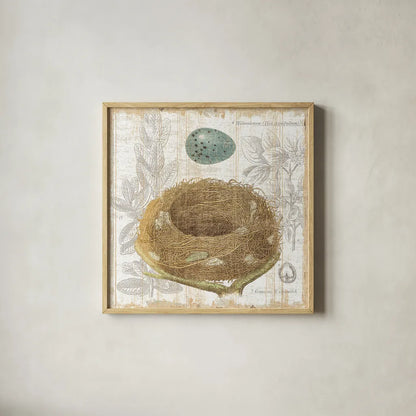 Botanical Nest III by Moira Hershey. Shown in a natural wood glass frame for a timeless modern aesthetic. Available as an archival giclee rolled canvas, fine art paper, or poster print. SKU 8385a.
