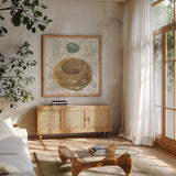 Botanical Nest III by Moira Hershey. Shown in a natural wood frame in a cozy modern living room. Available as an archival giclee rolled canvas, fine art paper, or poster print. SKU 8385a.