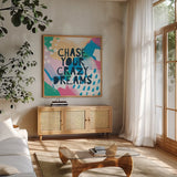 Bright Inspiration I by Moira Hershey. Shown in a natural wood frame in a cozy modern living room. Available as an archival giclee rolled canvas, fine art paper, or poster print. SKU 37948a.