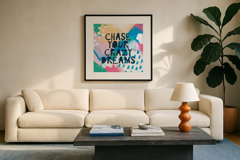 Bright Inspiration I by Moira Hershey. Displayed in a glass frame with matte in a clean modern living room. Available as an archival giclee rolled canvas, fine art paper, or poster print. SKU 37948a.