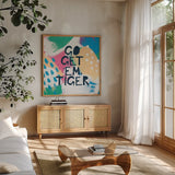 Bright Inspiration II by Moira Hershey. Shown in a natural wood frame in a cozy modern living room. Available as an archival giclee rolled canvas, fine art paper, or poster print. SKU 37949a.