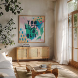 Bright Inspiration III by Moira Hershey. Shown in a natural wood frame in a cozy modern living room. Available as an archival giclee rolled canvas, fine art paper, or poster print. SKU 37950a.