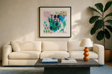 Bright Inspiration III by Moira Hershey. Displayed in a glass frame with matte in a clean modern living room. Available as an archival giclee rolled canvas, fine art paper, or poster print. SKU 37950a.