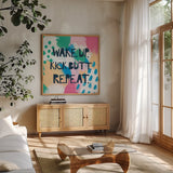 Bright Inspiration IV by Moira Hershey. Shown in a natural wood frame in a cozy modern living room. Available as an archival giclee rolled canvas, fine art paper, or poster print. SKU 37951a.