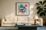 Bright Inspiration IV by Moira Hershey. Displayed in a glass frame with matte in a clean modern living room. Available as an archival giclee rolled canvas, fine art paper, or poster print. SKU 37951a.