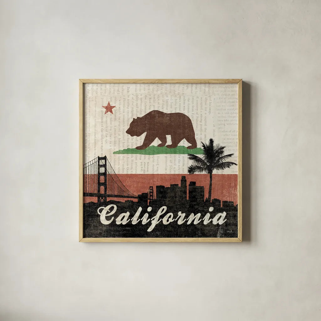 California by Moira Hershey. Shown in a natural wood glass frame for a timeless modern aesthetic. Available as an archival giclee rolled canvas, fine art paper, or poster print. SKU 16067a.
