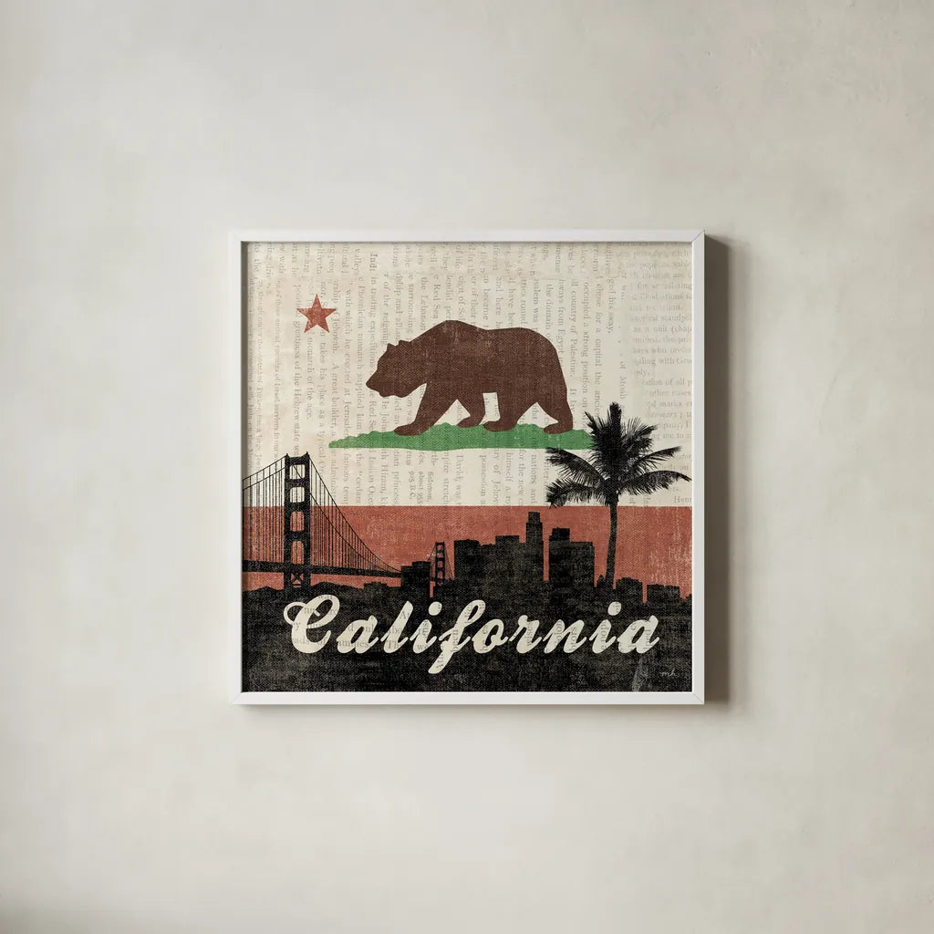 California by Moira Hershey. Shown in a crisp white glass frame for a clean and minimalist style. Available as an archival giclee rolled canvas, fine art paper, or poster print. SKU 16067a.