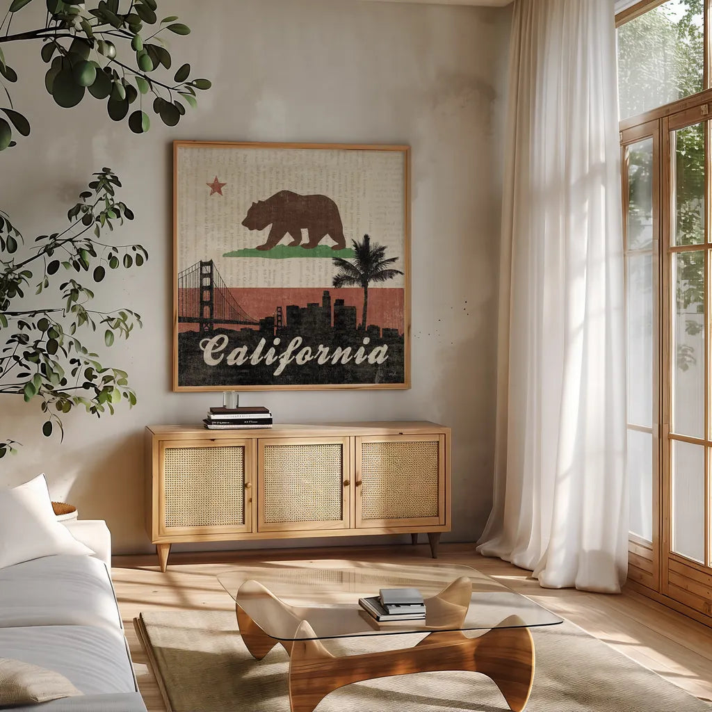 California by Moira Hershey. Shown in a natural wood frame in a cozy modern living room. Available as an archival giclee rolled canvas, fine art paper, or poster print. SKU 16067a.