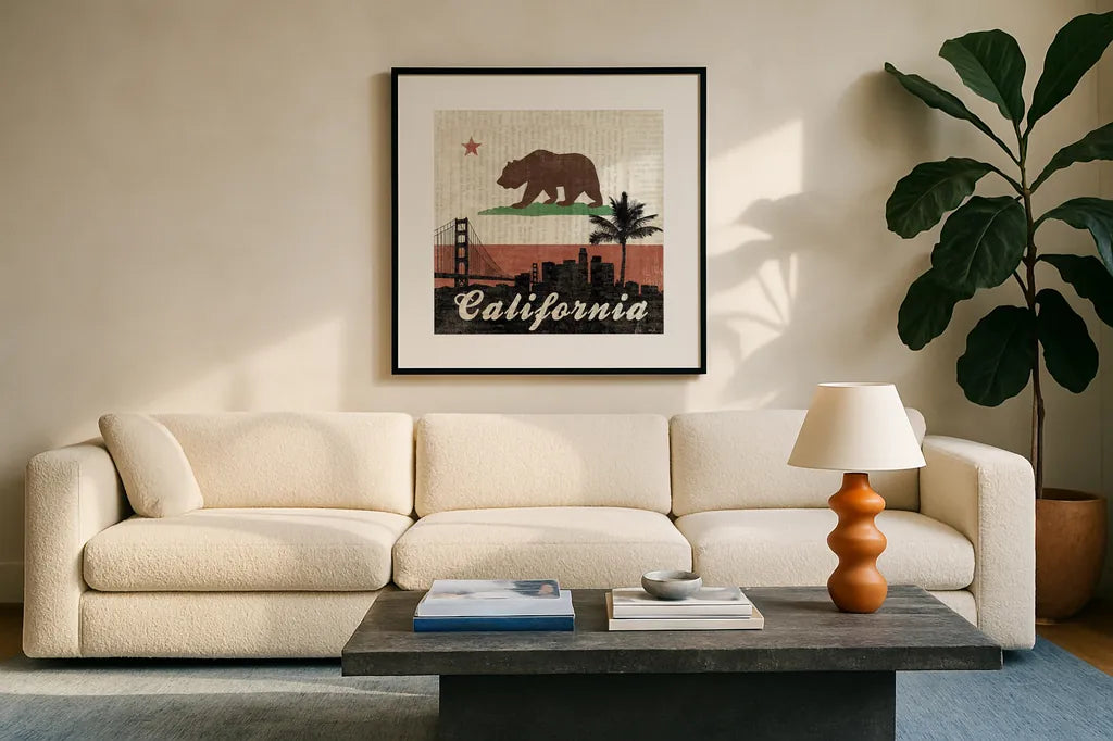 California by Moira Hershey. Displayed in a glass frame with matte in a clean modern living room. Available as an archival giclee rolled canvas, fine art paper, or poster print. SKU 16067a.