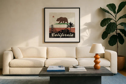 California by Moira Hershey. Displayed in a glass frame with matte in a clean modern living room. Available as an archival giclee rolled canvas, fine art paper, or poster print. SKU 16067a.