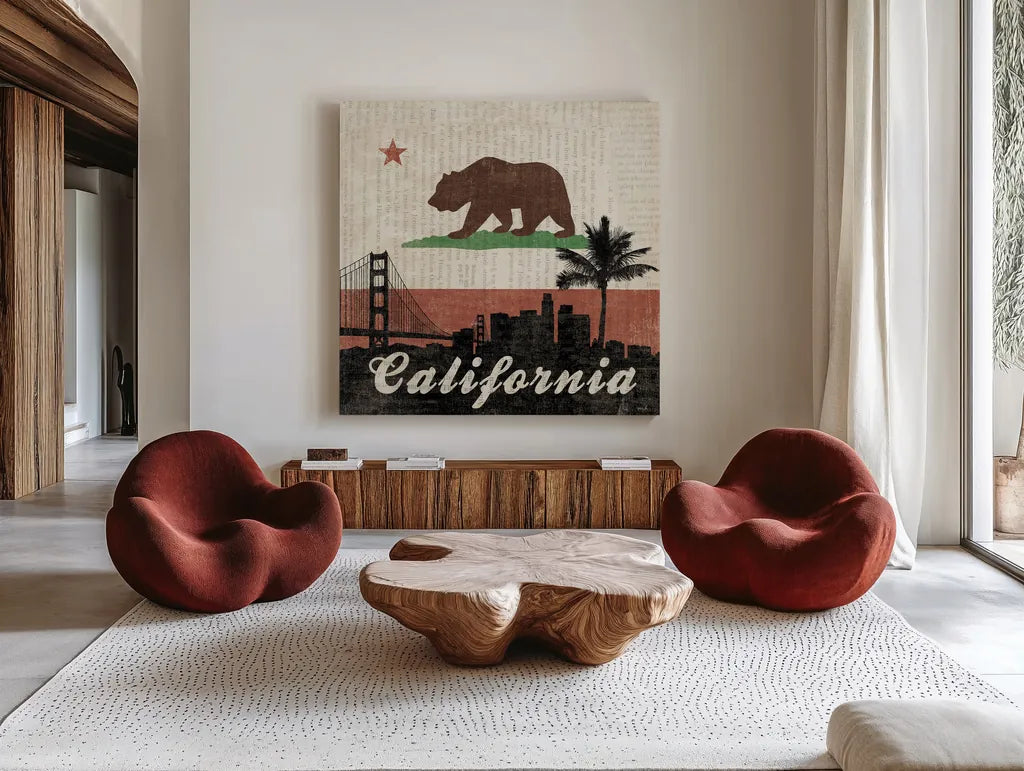 California by Moira Hershey. Shown as extra-large giant wall art in a modern living room. Available as an archival giclee rolled canvas, fine art paper, or poster print. SKU 16067a.