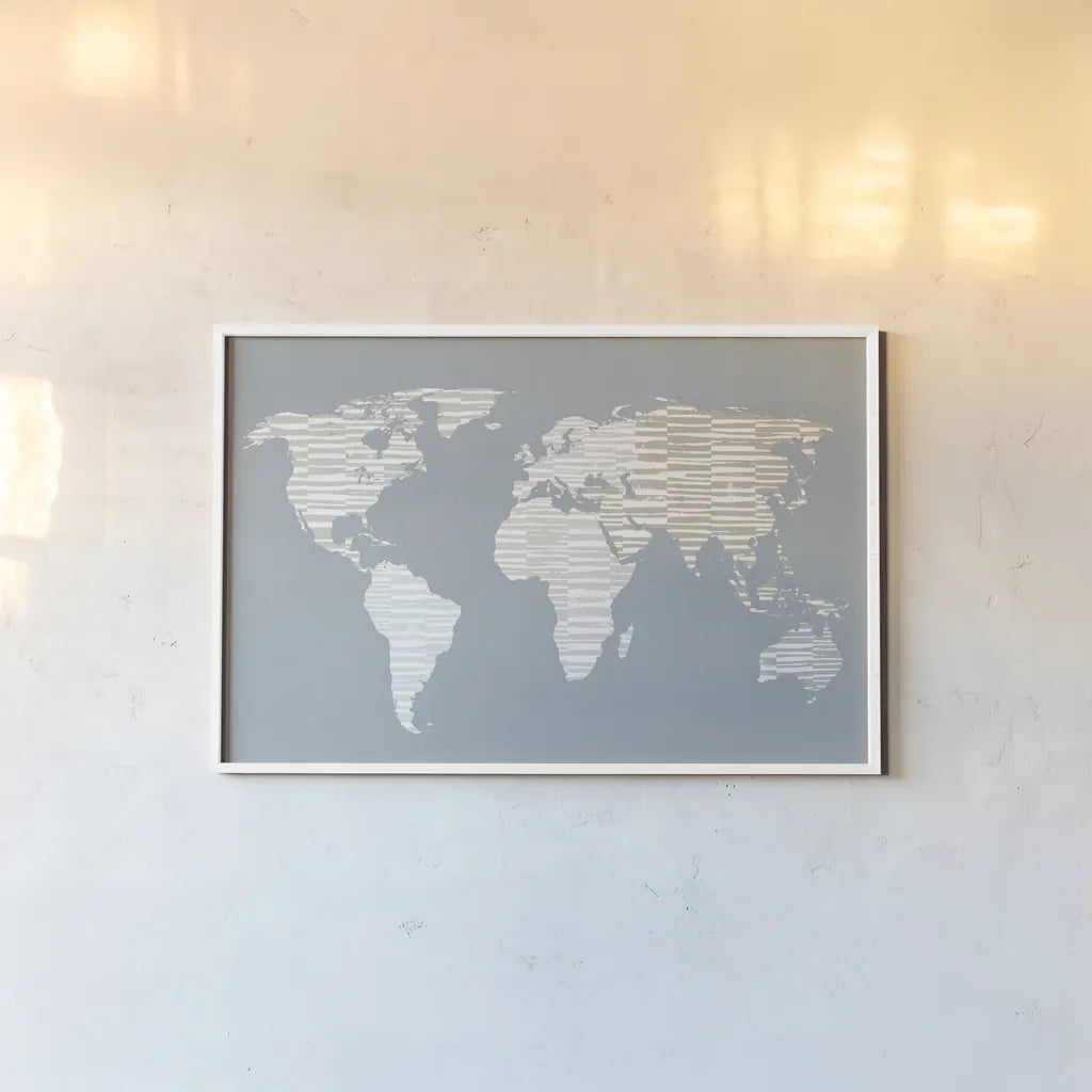 Calm World Map by Moira Hershey. shown as a paper print in a white frame. Available as a archival giclee rolled canvas, fine art paper, or poster print. SKU 43403i.