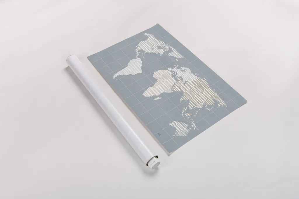 Calm World Map Grid by Moira Hershey. shown as a rolled paper print. Available as archival giclee rolled canvas, fine art paper, or poster print. SKU 46934i.