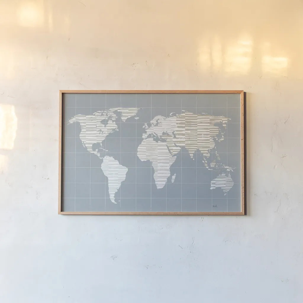 Calm World Map Grid by Moira Hershey. shown as a paper print in a natural frame. Available as a archival giclee rolled canvas, fine art paper, or poster print. SKU 46934i.