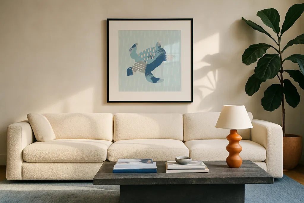 Coastal Cool IV by Moira Hershey. Displayed in a glass frame with matte in a clean modern living room. Available as an archival giclee rolled canvas, fine art paper, or poster print. SKU 38262a.