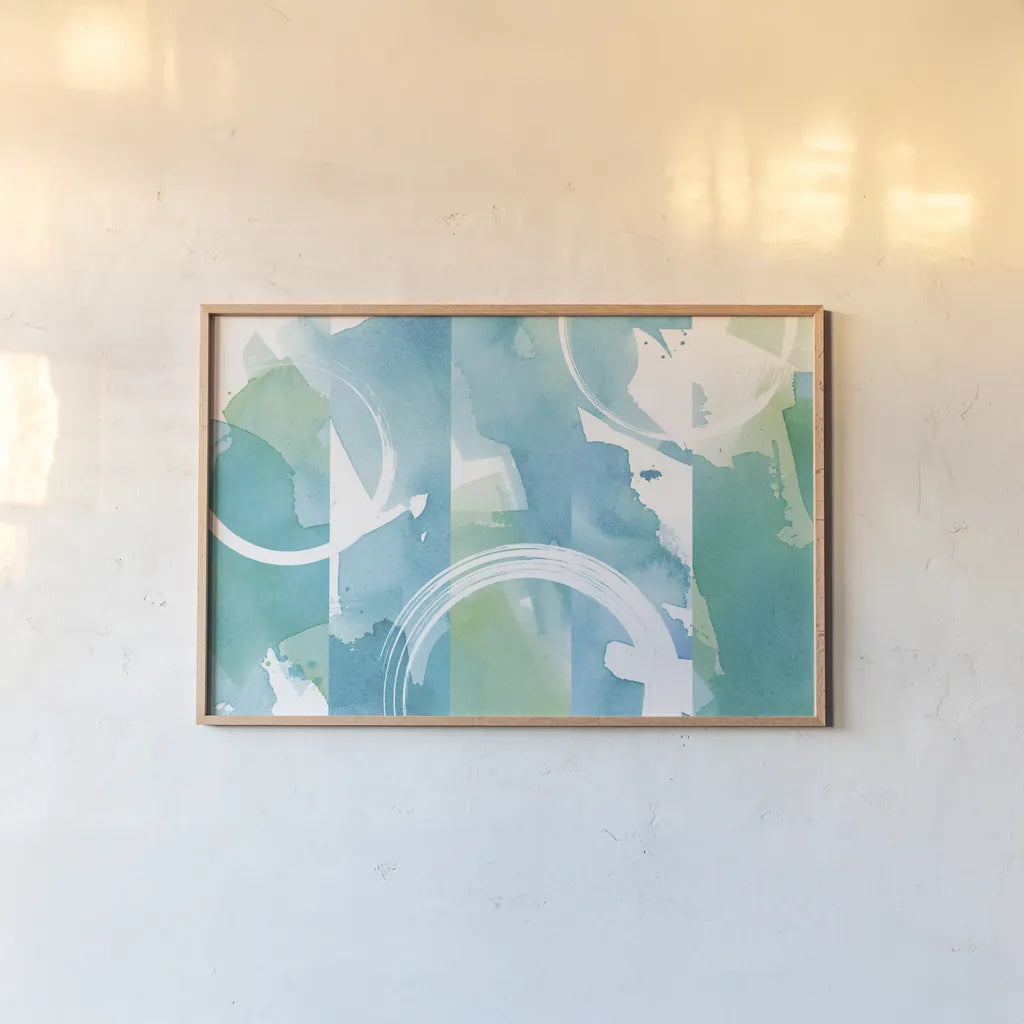 Coastal Feel I by Moira Hershey. shown as a paper print in a natural frame. Available as a archival giclee rolled canvas, fine art paper, or poster print. SKU 41615i.