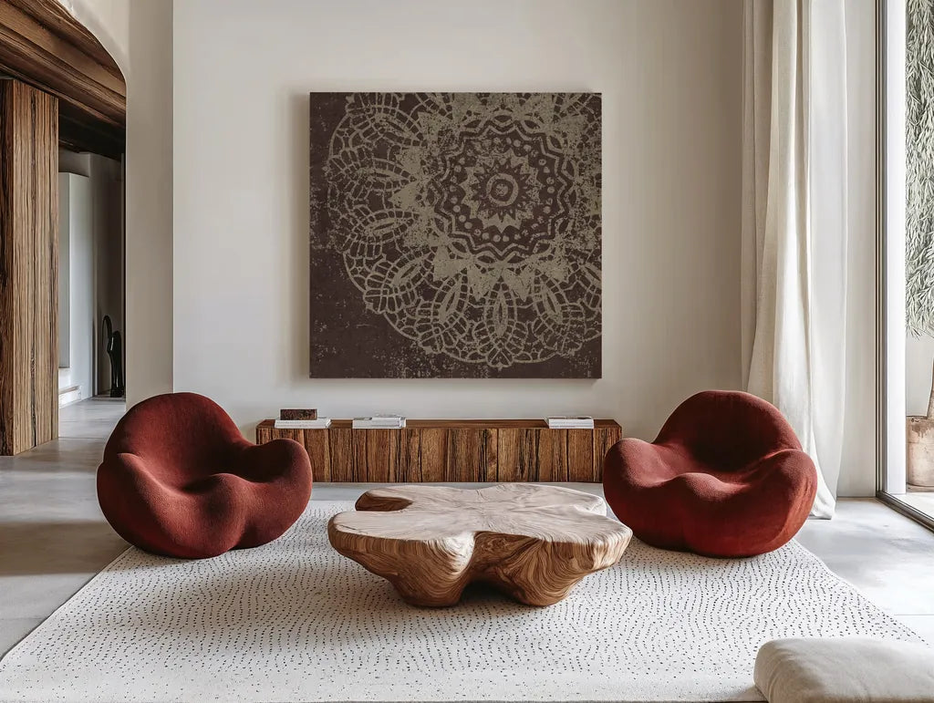 Contemporary Lace I Spice by Moira Hershey. Shown as extra-large giant wall art in a modern living room. Available as an archival giclee rolled canvas, fine art paper, or poster print. SKU 16402a.