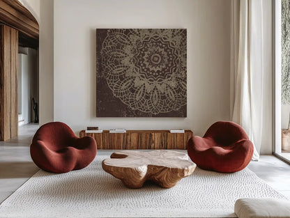 Contemporary Lace I Spice by Moira Hershey. Shown as extra-large giant wall art in a modern living room. Available as an archival giclee rolled canvas, fine art paper, or poster print. SKU 16402a.