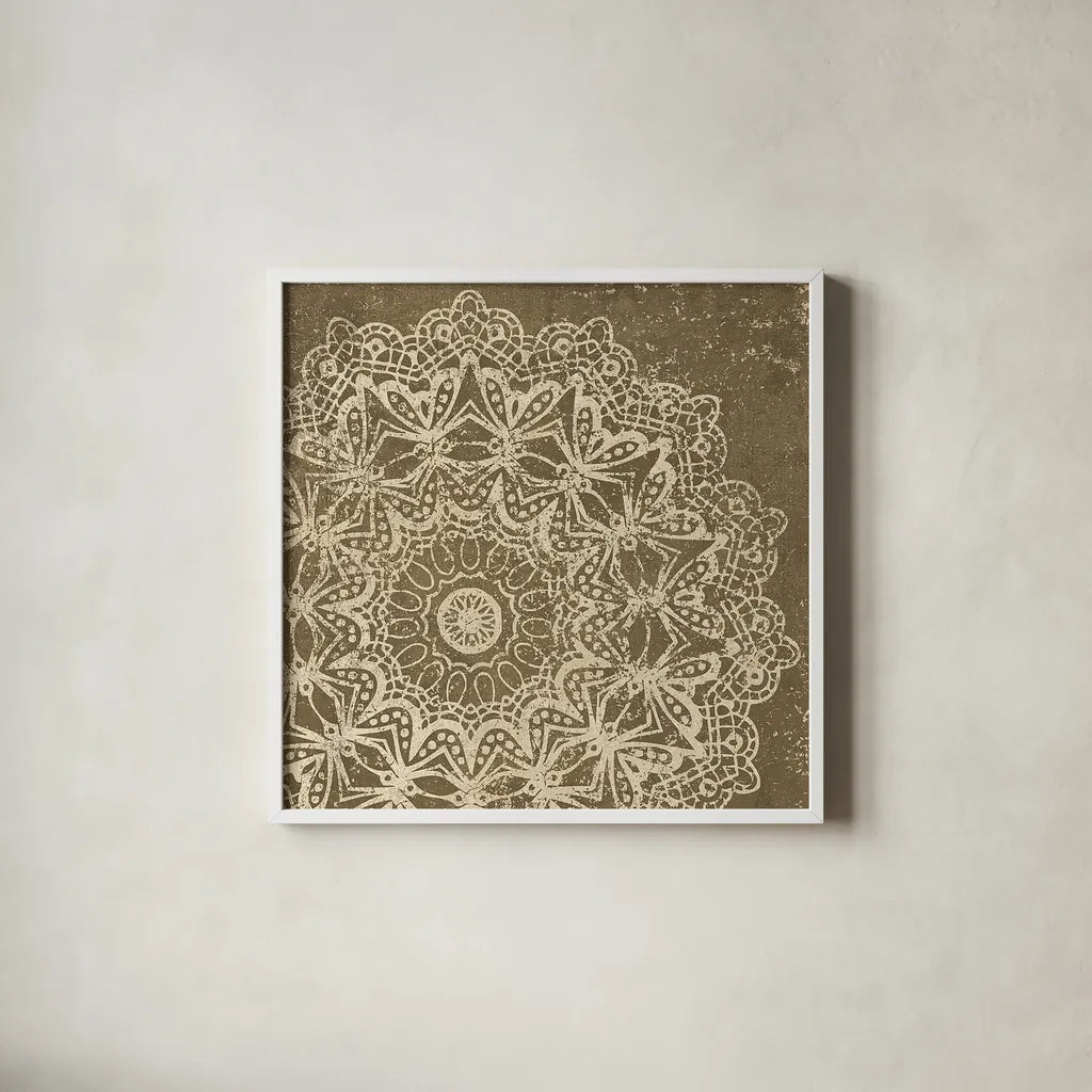Contemporary Lace II Spice by Moira Hershey. Shown in a crisp white glass frame for a clean and minimalist style. Available as an archival giclee rolled canvas, fine art paper, or poster print. SKU 16403a.