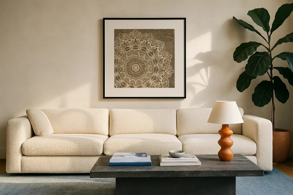 Contemporary Lace II Spice by Moira Hershey. Displayed in a glass frame with matte in a clean modern living room. Available as an archival giclee rolled canvas, fine art paper, or poster print. SKU 16403a.