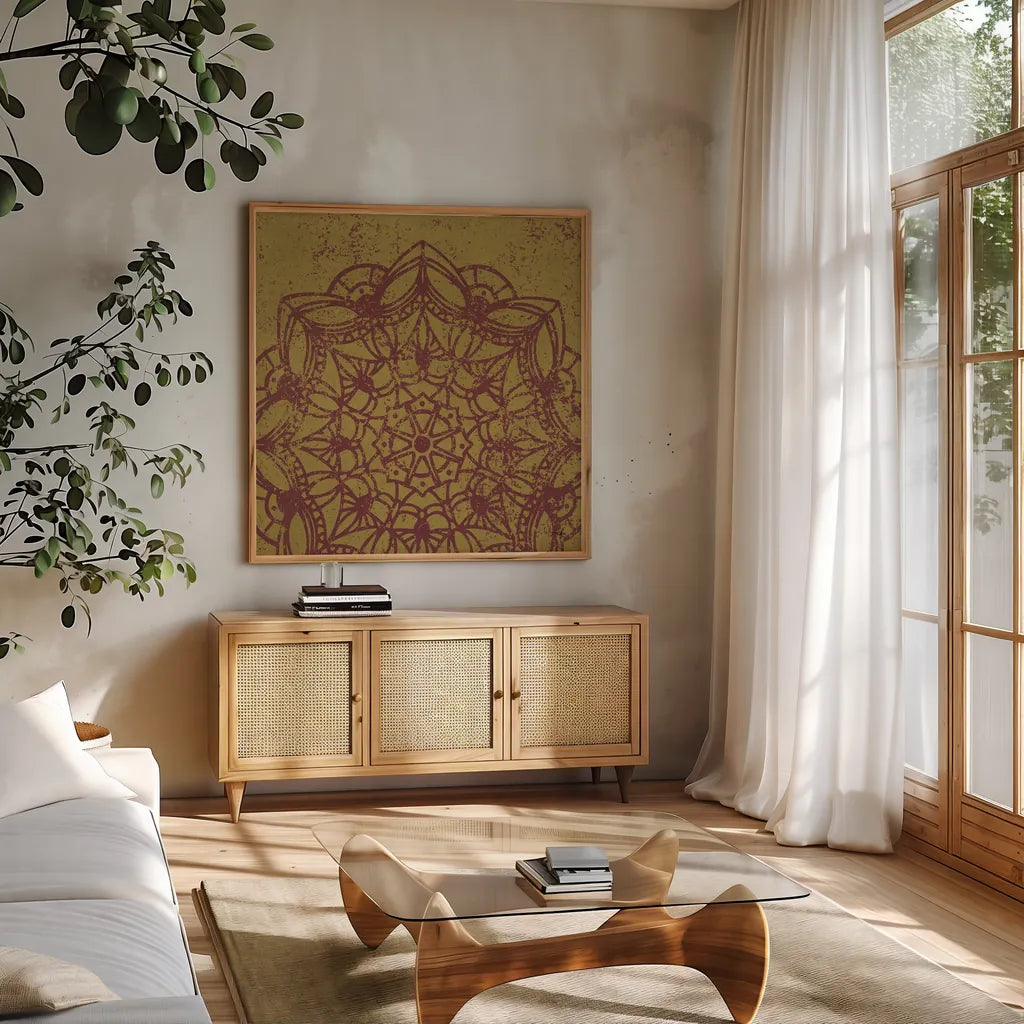 Contemporary Lace IV Spice by Moira Hershey. Shown in a natural wood frame in a cozy modern living room. Available as an archival giclee rolled canvas, fine art paper, or poster print. SKU 16405a.
