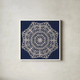 Contemporary Lace Navy I by Moira Hershey. Shown in a crisp white glass frame for a clean and minimalist style. Available as an archival giclee rolled canvas, fine art paper, or poster print. SKU 59364a.