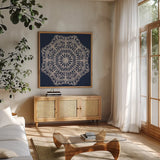 Contemporary Lace Navy I by Moira Hershey. Shown in a natural wood frame in a cozy modern living room. Available as an archival giclee rolled canvas, fine art paper, or poster print. SKU 59364a.