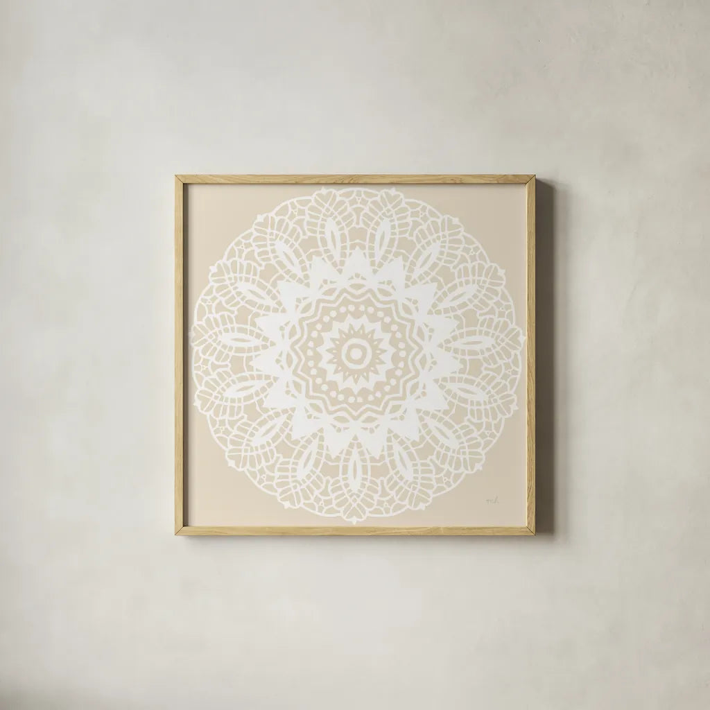Contemporary Lace Neutral II by Moira Hershey. Shown in a natural wood glass frame for a timeless modern aesthetic. Available as an archival giclee rolled canvas, fine art paper, or poster print. SKU 43016a.