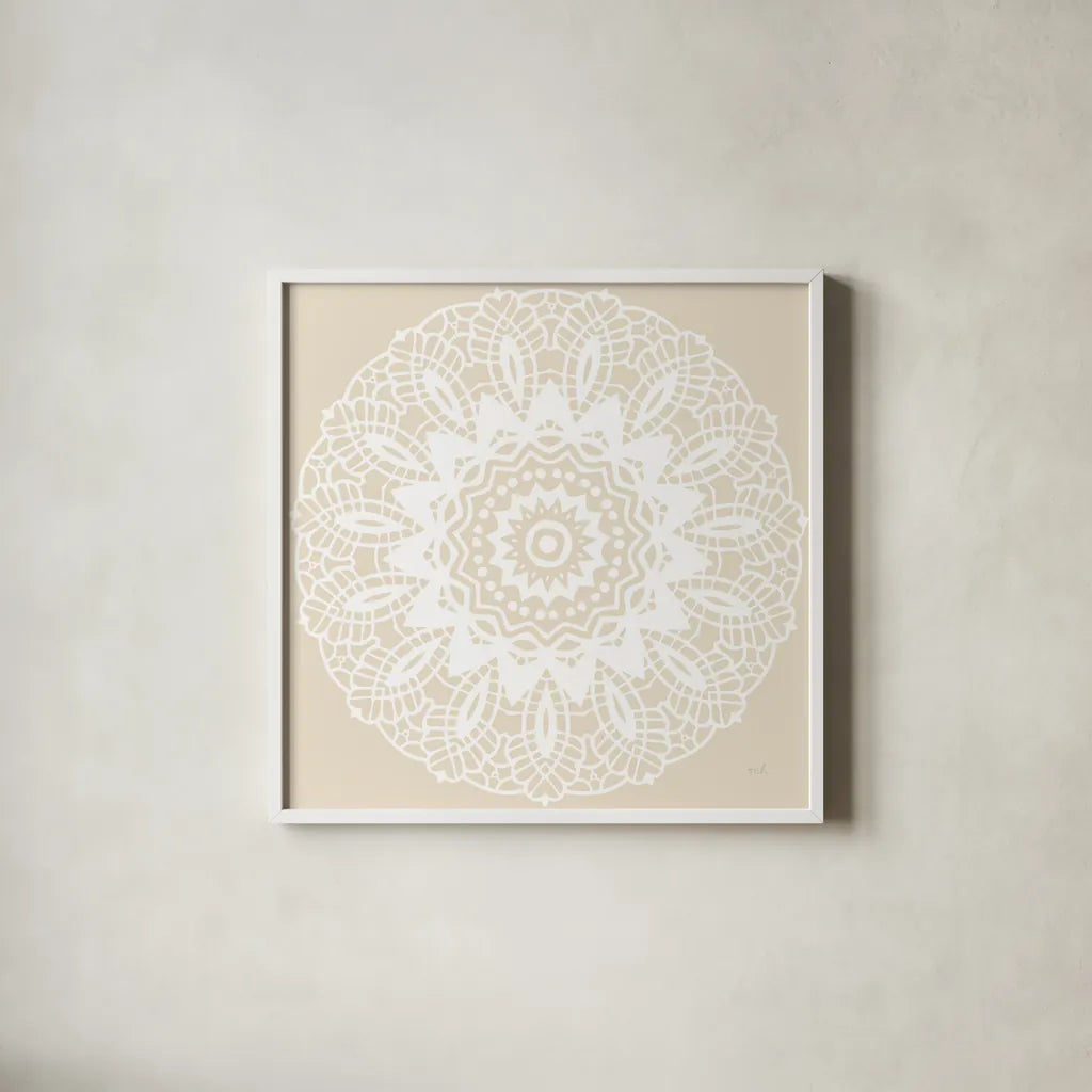 Contemporary Lace Neutral II by Moira Hershey. Shown in a crisp white glass frame for a clean and minimalist style. Available as an archival giclee rolled canvas, fine art paper, or poster print. SKU 43016a.
