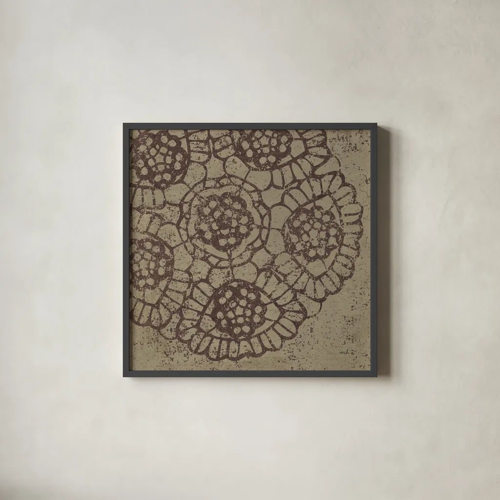 Contemporary Lace V Spice by Moira Hershey. Shown in a sleek black glass frame for a contemporary gallery look. Available as an archival giclee rolled canvas, fine art paper, or poster print. SKU 16406a.