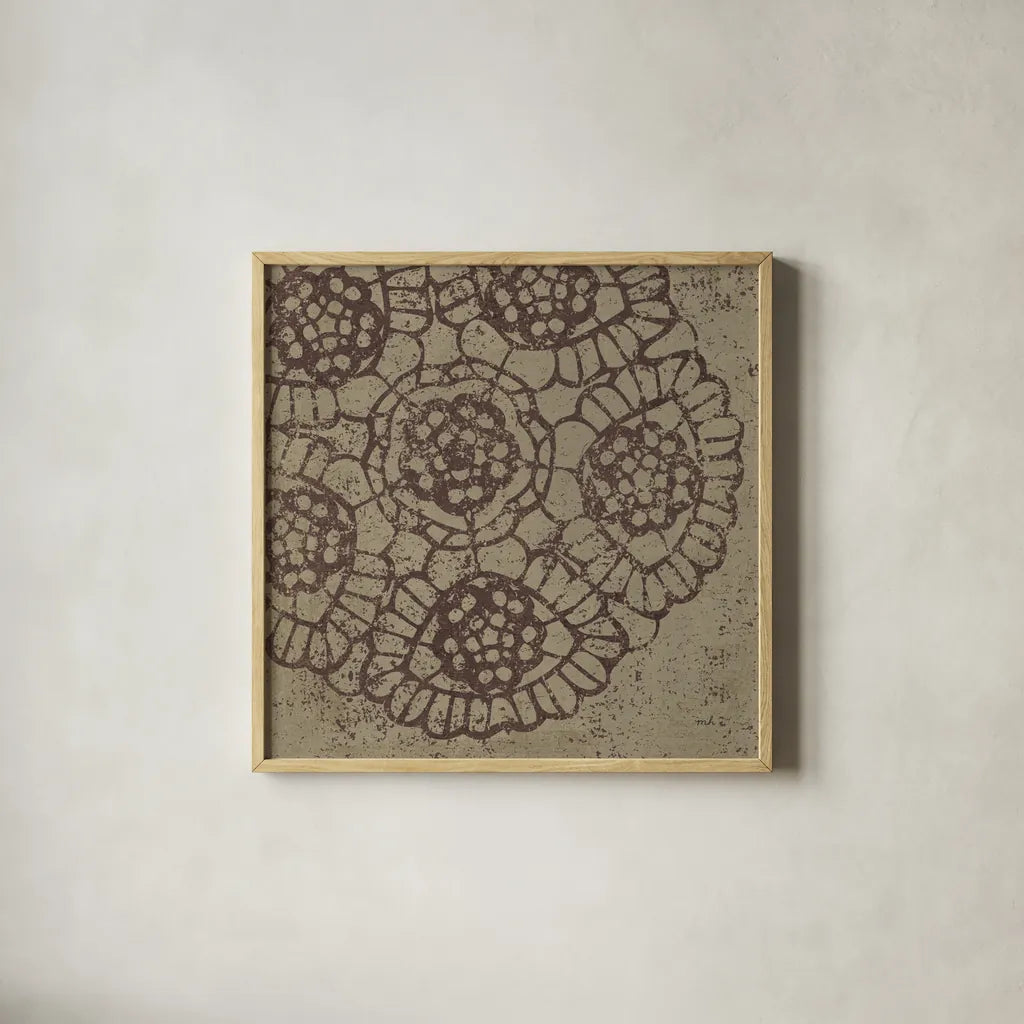 Contemporary Lace V Spice by Moira Hershey. Shown in a natural wood glass frame for a timeless modern aesthetic. Available as an archival giclee rolled canvas, fine art paper, or poster print. SKU 16406a.